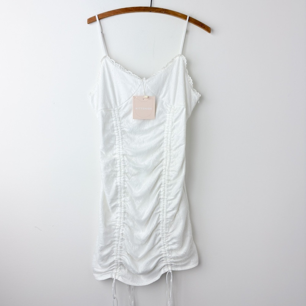 Kittenish Alexa Y2K Lace Mesh Bodycon Dress Large White Coquette Ruched Dollette